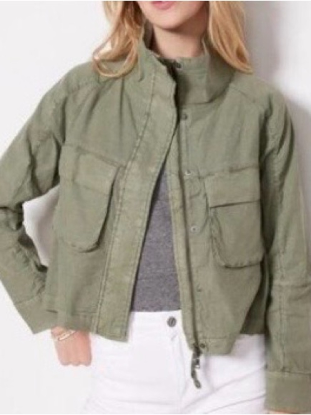 Evereve Olive Green Linen Blend Cropped Utility Jacket